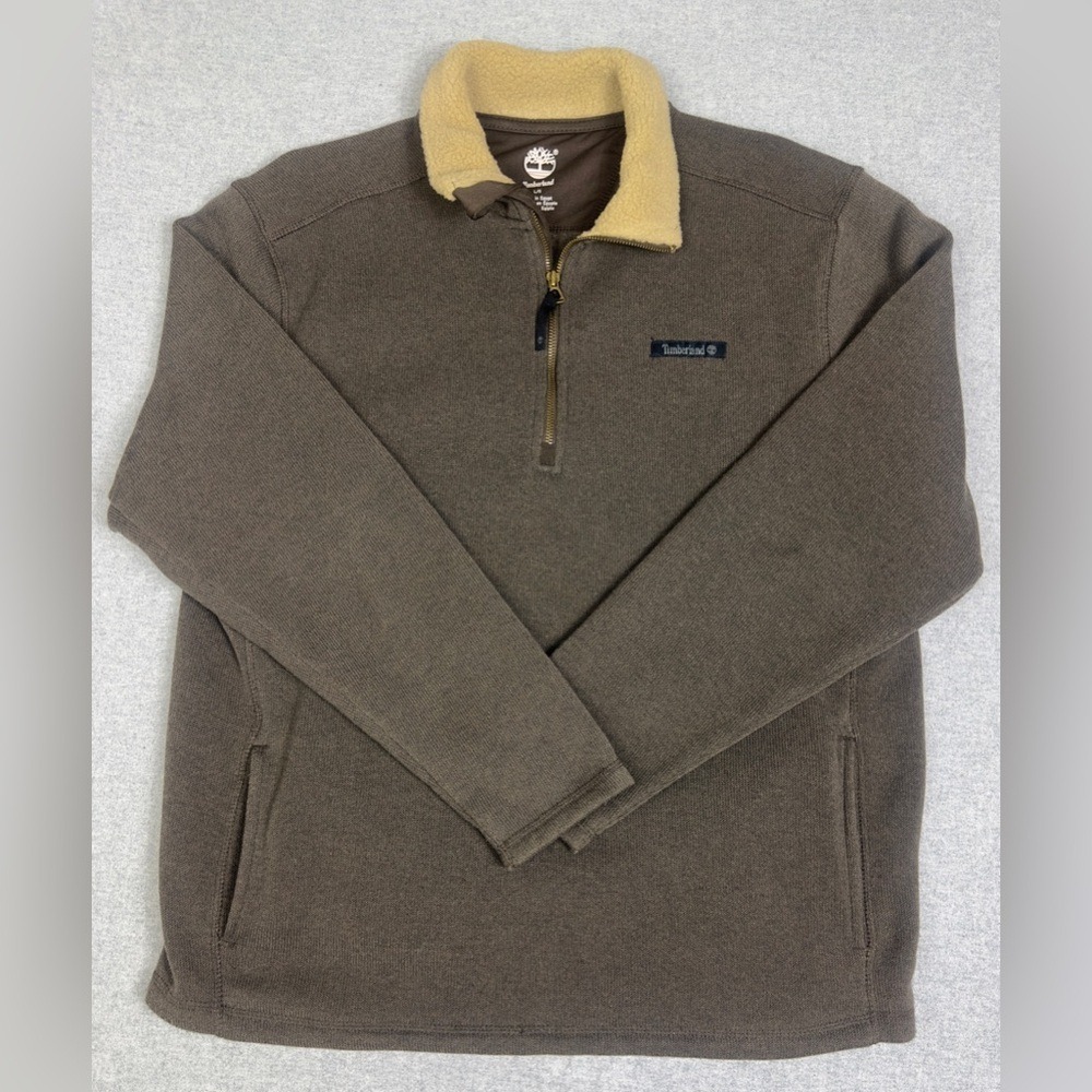 Timberland Popover Sweater Coat Mens XL Brown Sherpa Collar 1/4 Zip Pockets Y2K